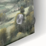 Close-up of vibrant landscape wall art depicting a serene countryside scene, featuring rich greens and blues with acrylic glass finish, ideal for home decor.