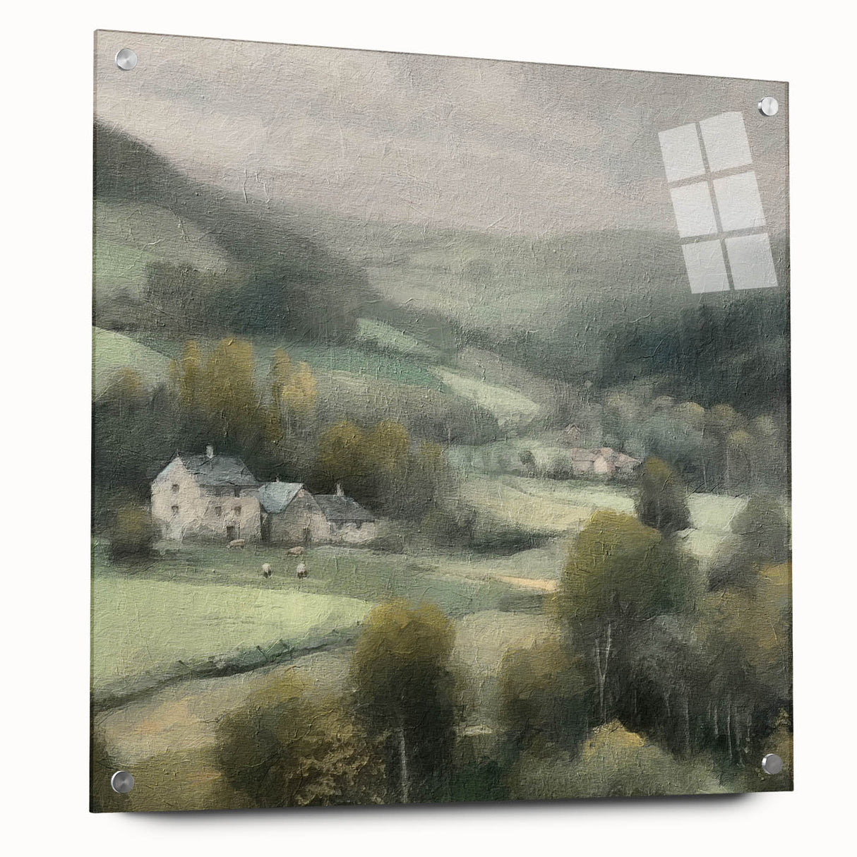 Landscape wall art featuring a serene countryside scene, displayed in an acrylic glass frame with stylish pins, perfect for enhancing home decor. The artwork showcases vibrant green fields and a tranquil sky, creating a peaceful ambiance ideal for living spaces.