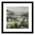 Framed landscape wall art featuring a serene countryside scene, with a black mat and sleek black frame, perfect for home decor and enhancing interior aesthetics.