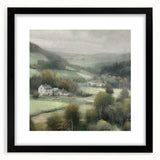 Framed landscape wall art featuring a serene countryside scene, with a black mat and sleek black frame, perfect for home decor and enhancing interior aesthetics.