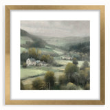 Landscape wall art featuring a picturesque countryside scene framed in gold, complete with a mat for added elegance. Ideal for enhancing home decor with a touch of nature.