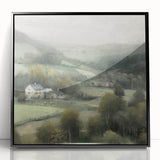 Framed acrylic wall art depicting a serene countryside landscape, showcasing vibrant green fields and a clear blue sky, designed to enhance home decor.