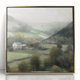 Framed acrylic wall art showcasing a vibrant landscape of rolling countryside hills, adorned with gold accents, perfect for enhancing home decor.