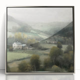 Framed acrylic wall art showcasing a serene countryside landscape, featuring vibrant greens and a tranquil sky, perfect for home decor enhancement.