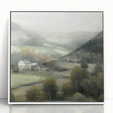 Framed acrylic wall art depicting a serene countryside landscape, showcasing vibrant greens and blues, designed to enhance home decor with a modern touch.