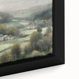 Framed landscape wall art depicting a serene countryside scene with vibrant green fields and a bright blue sky, showcasing detailed brushstrokes and textures.