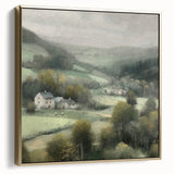 Framed landscape wall art depicting a serene countryside scene with lush greenery and a vibrant sunset, highlighted in silver and gold tones, ideal for home decor.