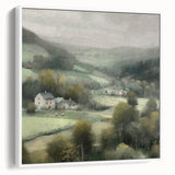 Framed canvas wall art depicting a serene countryside landscape, showcasing vibrant green fields and a soft blue sky, ideal for home decor enhancement.