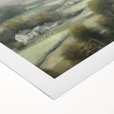 Rolled canvas wall art showcasing a serene countryside landscape with lush green fields, a bright blue sky, and soft white clouds, perfect for home decor.