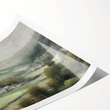 Vibrant landscape wall art print showcasing a serene countryside scene with rolling hills and a clear sky, rolled and ready for framing. Ideal for home decor.