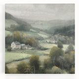 Stretched canvas wall art depicting a serene countryside landscape, featuring lush green fields, rolling hills, and a vibrant blue sky, perfect for home decor.