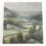 Stretched canvas wall art showcasing a serene countryside landscape with lush green fields and a vibrant blue sky, ideal for home decor and nature enthusiasts.