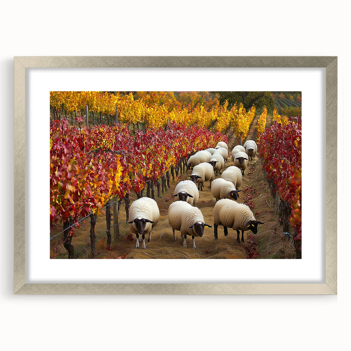 Silver-framed landscape artwork showcasing a serene countryside scene with lush greenery and rolling hills, elegantly matted for a polished presentation. Perfect for enhancing home decor.