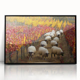 Framed acrylic landscape art depicting serene countryside scenery, featuring vibrant greens and blues, elegantly showcased in a sleek black frame, perfect for home decor.