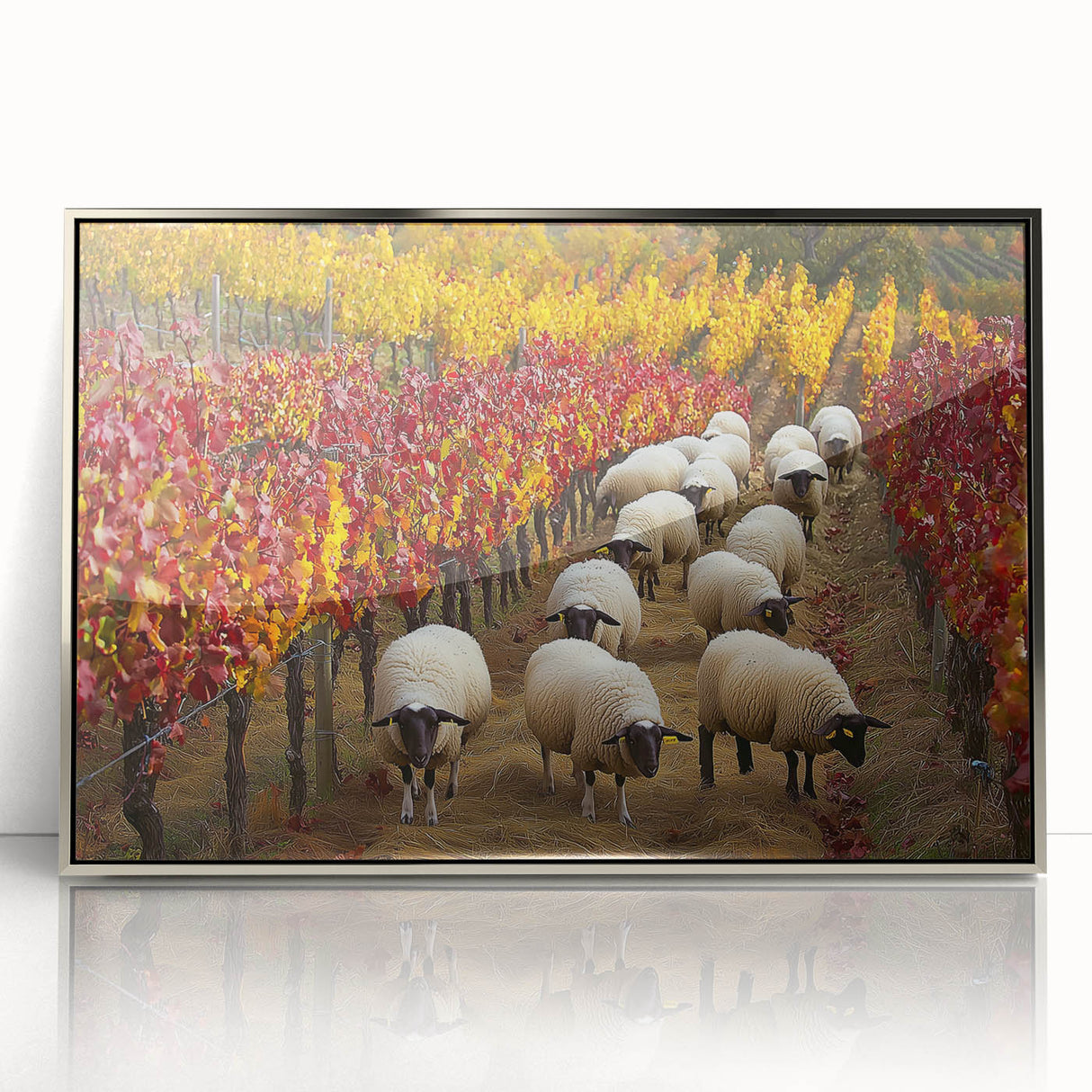 Framed acrylic artwork showcasing a serene countryside landscape, featuring lush green fields and a clear blue sky, designed to enhance home decor with elegance.