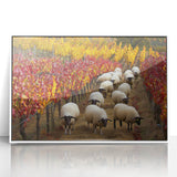 Framed acrylic artwork showcasing a serene countryside landscape with vibrant green fields and a clear blue sky, elegantly displayed in a sleek white frame.