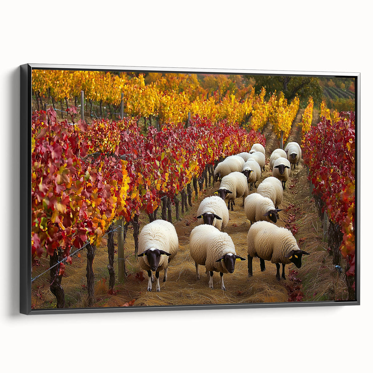 Framed canvas artwork showcasing a serene countryside landscape, presented in a sleek black frame, ideal for enhancing home decor with natural beauty.
