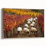 Framed canvas artwork depicting a serene countryside landscape with vibrant greens and soft blue skies, showcased in an elegant silver frame, ideal for home decor.