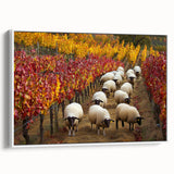 Framed canvas art depicting a serene countryside landscape, showcasing vibrant green fields and a clear blue sky, presented in a sleek white frame with a side view.