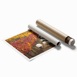 Rolled landscape print showcasing a serene countryside scene with rolling hills, vibrant greenery, and a clear blue sky, elegantly packaged for display.