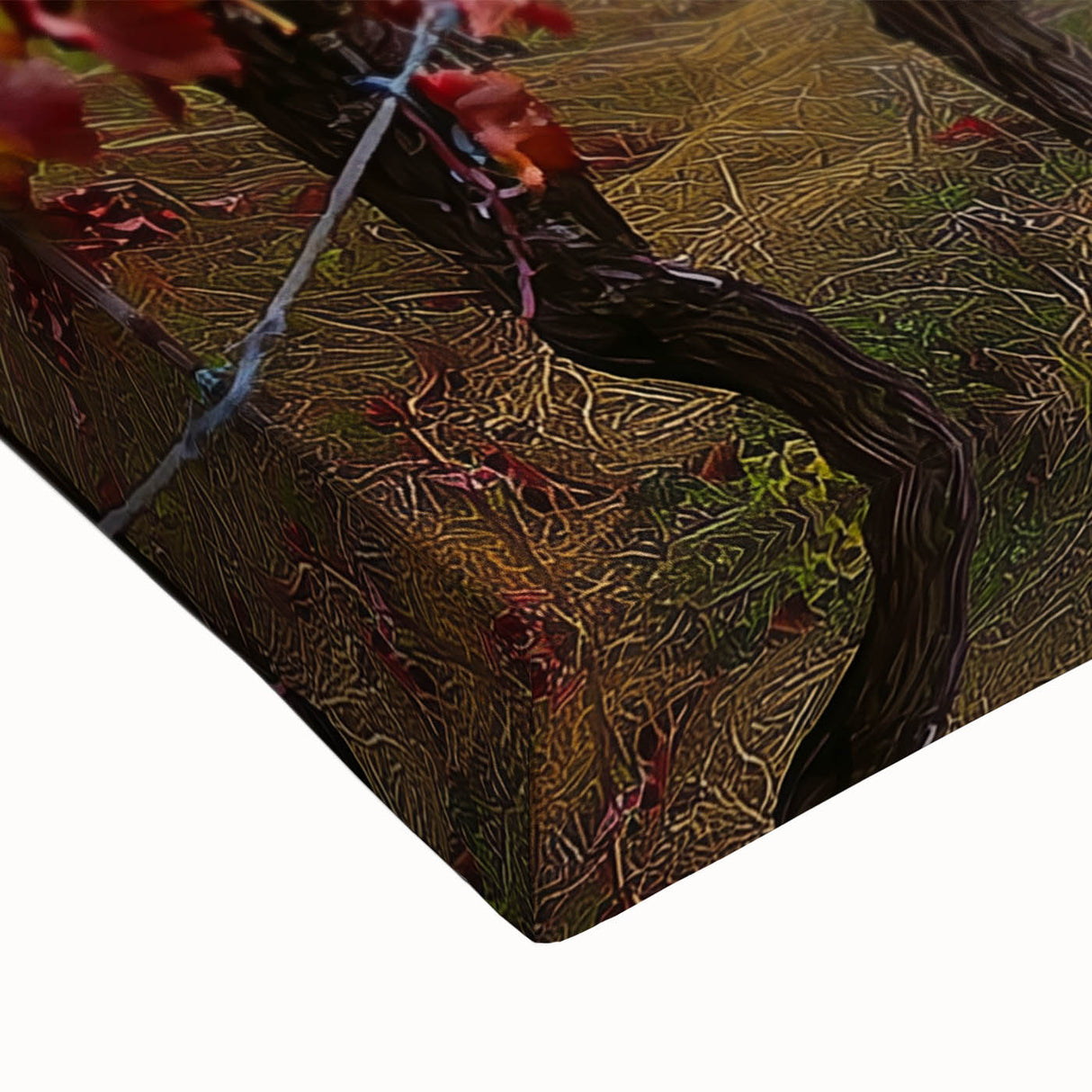 Close-up of a stretched canvas depicting a serene countryside landscape, showcasing lush green fields, a blue sky, and vibrant colors, perfect for home decor.