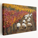 Stretched canvas artwork depicting a serene countryside landscape featuring rolling hills, vibrant greenery, and a clear blue sky, perfect for home decor.