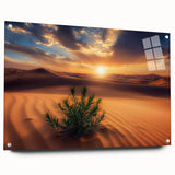 Desert landscape artwork in acrylic glass, showcasing vibrant hues of orange and yellow with a side view display, elegantly held by decorative pins against a neutral background.