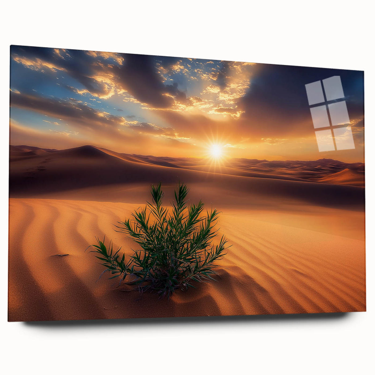 Side view of a desert landscape acrylic glass artwork, showcasing vibrant colors and intricate details, ideal for modern home décor. Perfect for enhancing any interior space.
