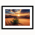 Framed desert landscape artwork in a black mat, showcasing vibrant colors and intricate details. Perfect for adding a serene touch to modern home decor.