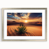Desert landscape framed art with a silver mat, showcasing a vibrant sunset over sandy dunes, perfect for modern home decor. Ideal for enhancing living spaces.