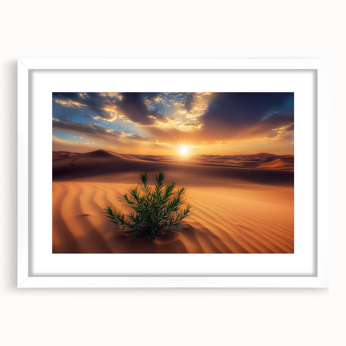 Desert landscape framed artwork showcasing a serene sunset over golden dunes, enclosed in a sleek white mat, perfect for modern home decor.