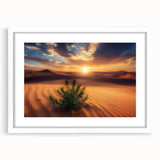 Desert landscape framed artwork showcasing a serene sunset over golden dunes, enclosed in a sleek white mat, perfect for modern home decor.