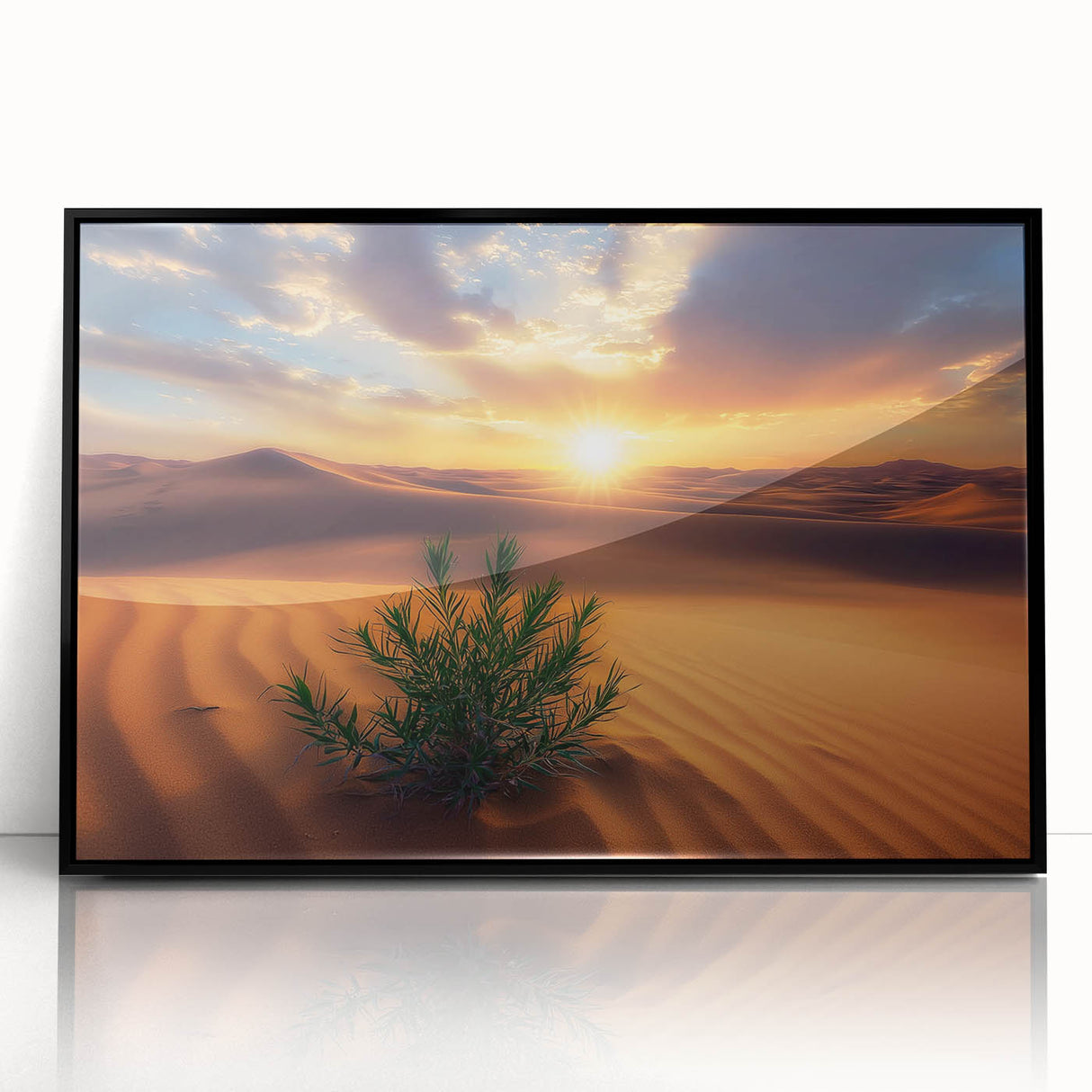Framed acrylic artwork showcasing a stunning desert landscape with vibrant colors, set in a sleek black frame. Ideal for enhancing home decor with a touch of nature.