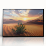 Framed acrylic artwork showcasing a stunning desert landscape with vibrant colors, set in a sleek black frame. Ideal for enhancing home decor with a touch of nature.