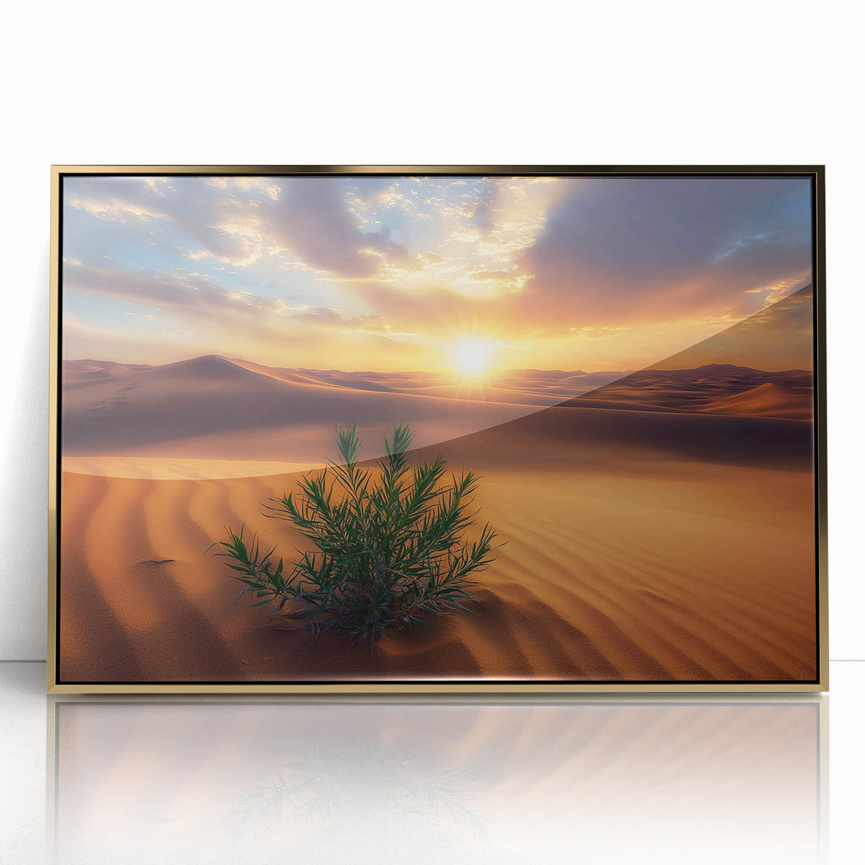 Framed acrylic artwork showcasing a stunning desert landscape with golden hues, perfect for home decor and adding warmth to any room.