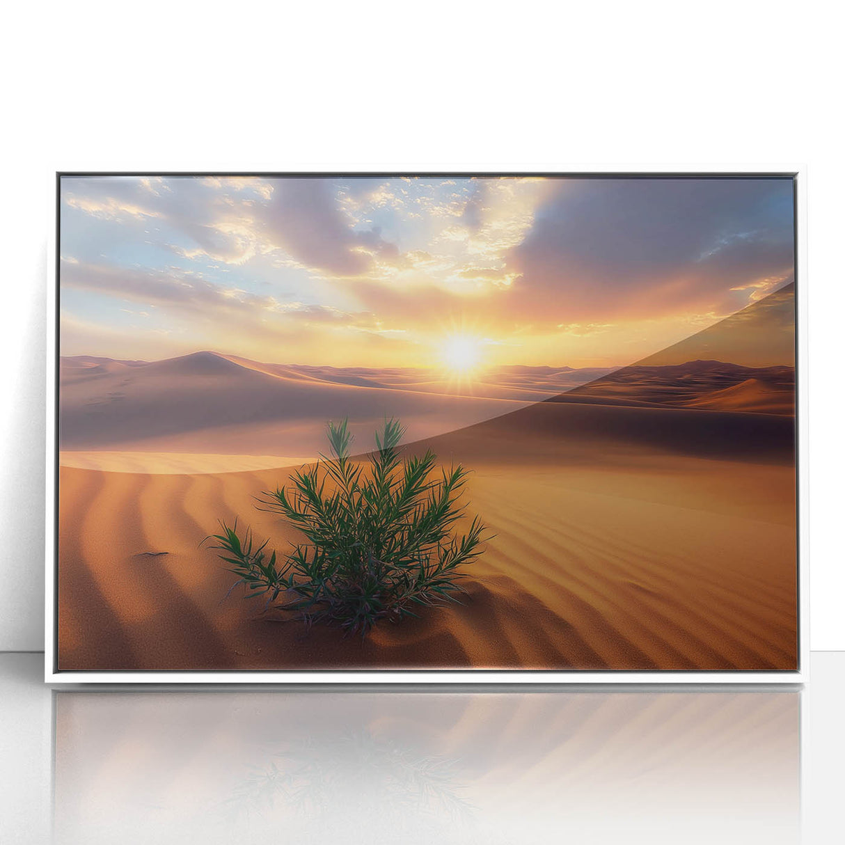 Framed acrylic artwork depicting a vibrant desert landscape with warm tones of orange and yellow, showcasing cacti and mountains, perfect for home decor.