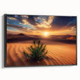 Framed canvas artwork depicting a vibrant desert landscape with warm tones of orange and yellow, set in a sleek black frame, ideal for modern home decor.