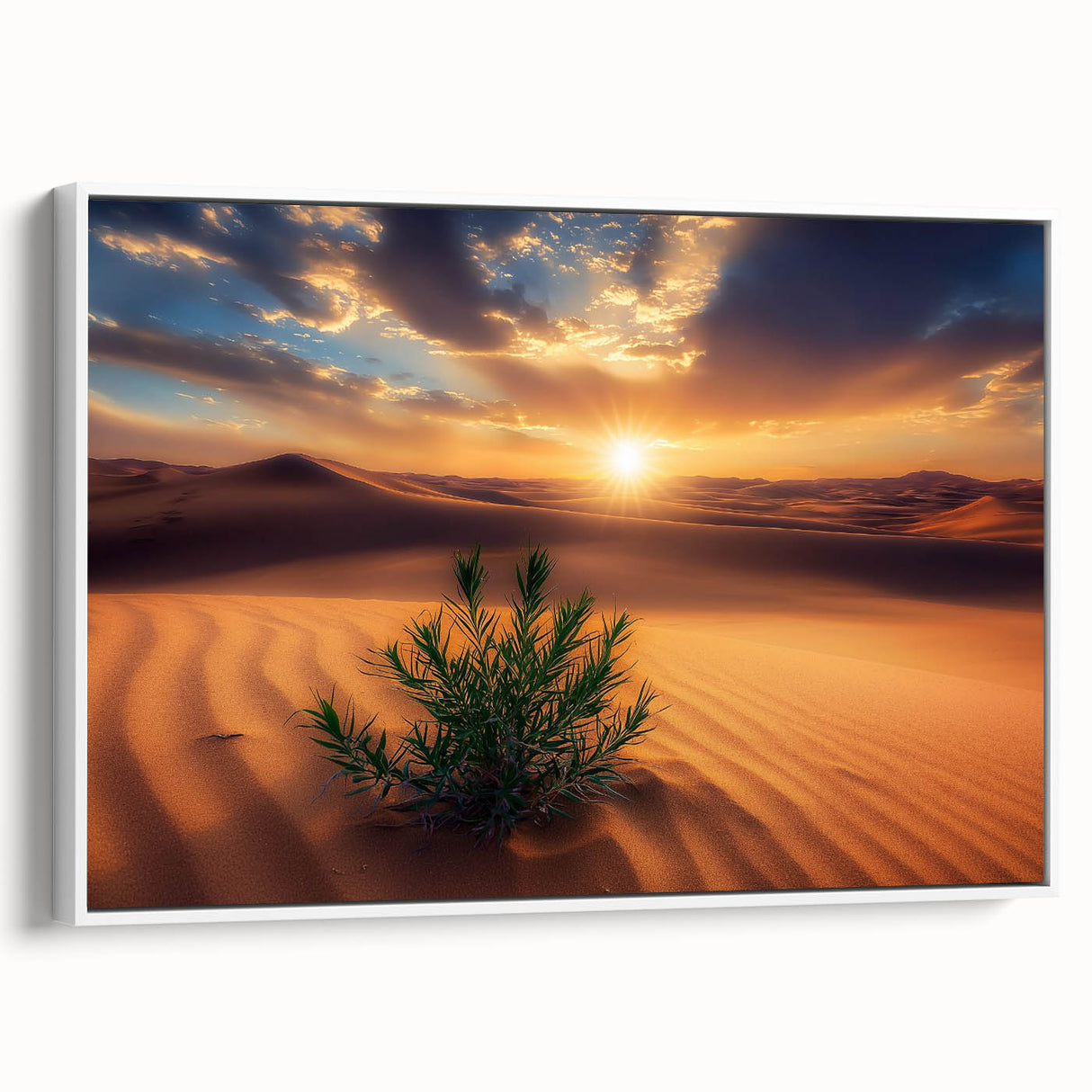 Framed canvas artwork depicting a vibrant desert landscape in warm tones, showcasing cacti and mountains, perfect for modern home decor.