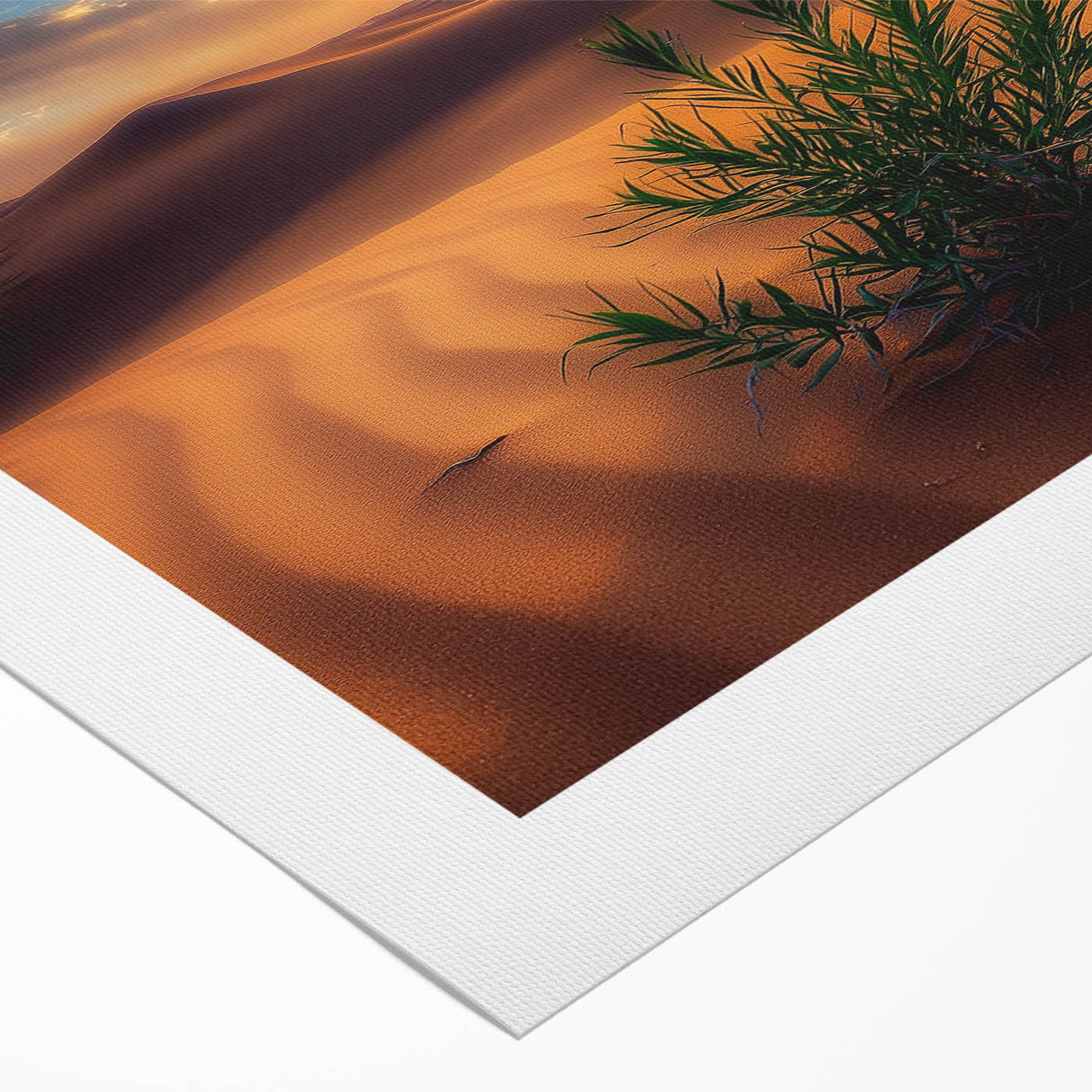 Desert landscape rolled canvas print showcasing vibrant hues of orange and gold, depicting a serene sunset over sand dunes, ideal for home decor.