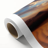 Desert landscape canvas print showcasing vibrant hues of orange and yellow with rolling sand dunes, rolled and packaged in a protective tube for easy display.