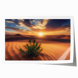 Desert landscape rolled print showcasing vibrant orange and yellow hues with abstract mountain silhouettes, elegantly packaged in a protective cardboard tube for display.