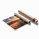 Desert landscape rolled print showcasing vibrant hues of orange and yellow, depicting a sunset over sand dunes, packaged in a durable cardboard tube for easy transport. Ideal for home decor enthusiasts looking to enhance their living space with striking desert imagery.