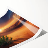 Desert landscape rolled print showcasing vibrant hues of orange and yellow, depicting a serene sunset over sand dunes, packaged securely in a robust tube for safe delivery.