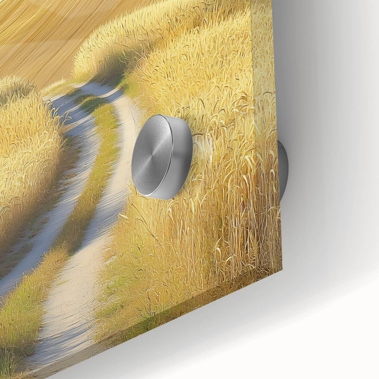 Close-up of a vibrant landscape acrylic artwork, showcasing lush green fields under a bright blue sky, highlighting intricate details and textures for artistic appeal.