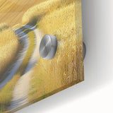 Close-up of a vibrant landscape acrylic artwork, showcasing lush green fields under a bright blue sky, highlighting intricate details and textures for artistic appeal.