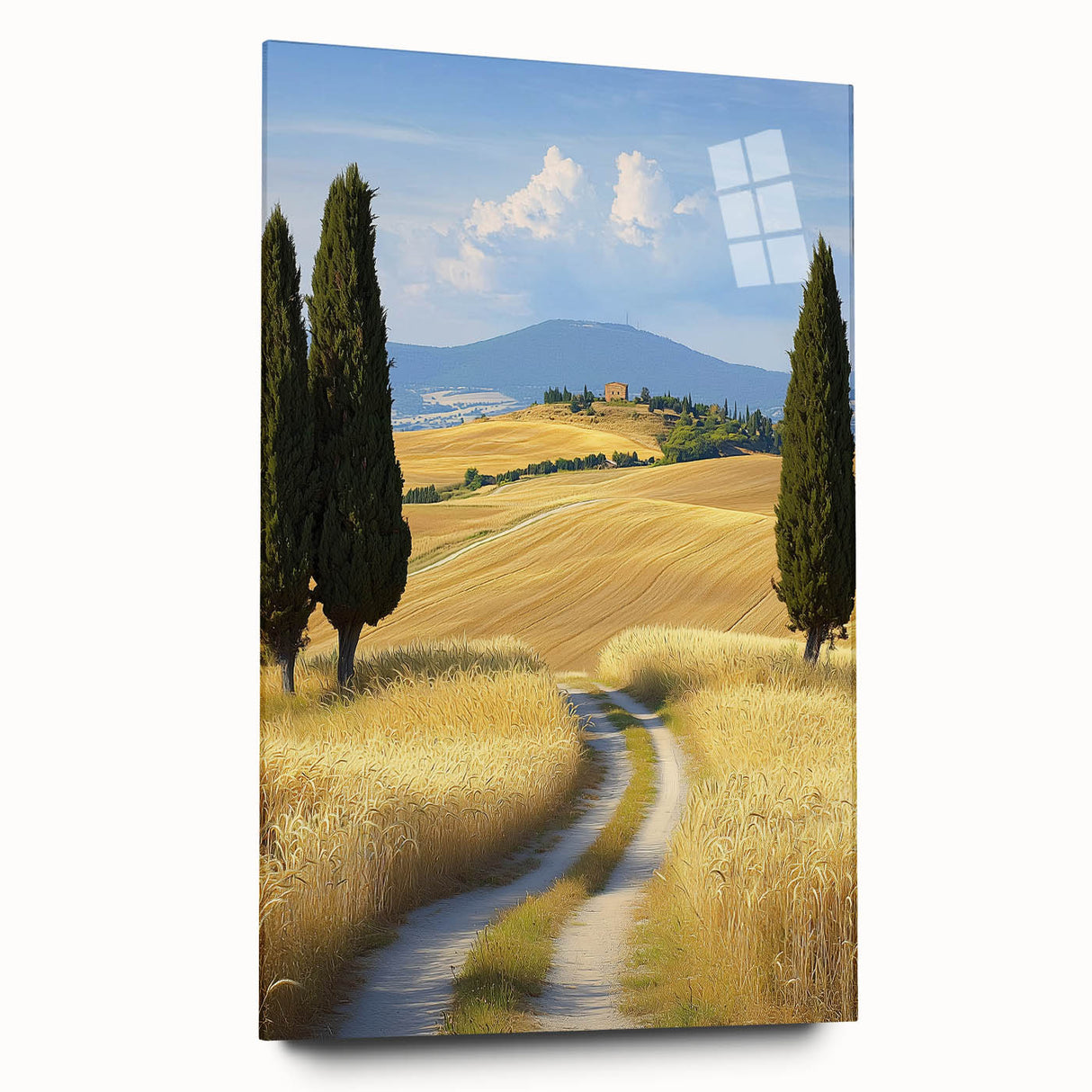 Acrylic glass artwork showcasing a vibrant landscape of rolling fields, presented in a side view without pins, perfect for modern home decor. The piece emphasizes rich colors and textures, enhancing any interior setting.