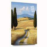 Acrylic glass artwork showcasing a vibrant landscape of rolling fields, presented in a side view without pins, perfect for modern home decor. The piece emphasizes rich colors and textures, enhancing any interior setting.