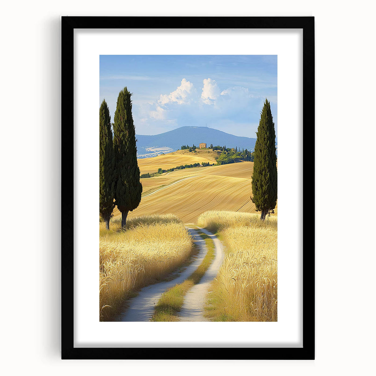 Black-framed landscape artwork featuring vibrant fields and serene skies, elegantly matted for a polished look, ideal for home decor and gallery displays.