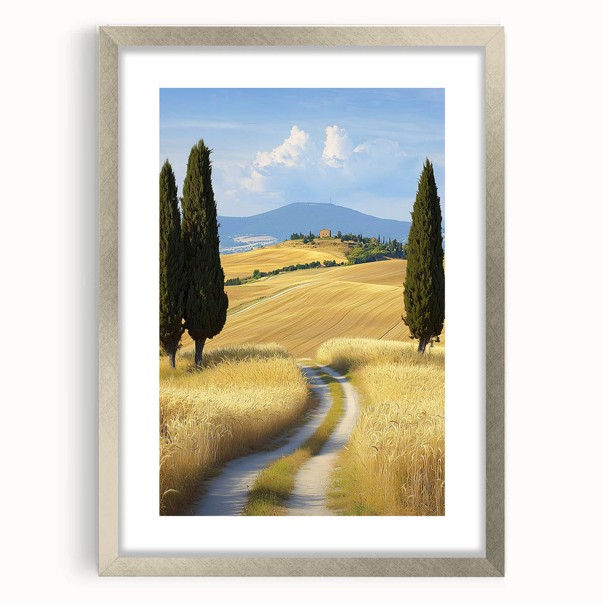 Silver-framed landscape artwork displaying a serene field scene, featuring a white matting that enhances its elegance, perfect for home decor or office spaces.