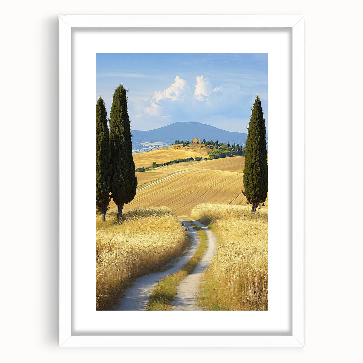White-framed landscape artwork featuring vibrant fields under a blue sky, elegantly matted for a polished look, ideal for home decor or office spaces.